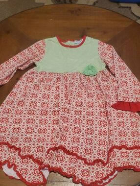 Tea Collection Mint & Red Floral Ruffle Hem Long-Sleeve Dress